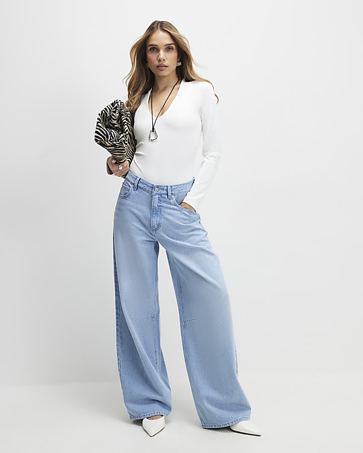 White Plunge Neckline Long Sleeve Bodysuit