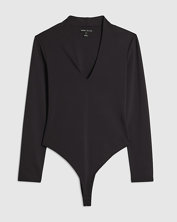 Black Plunge Neckline Long Sleeve Bodysuit