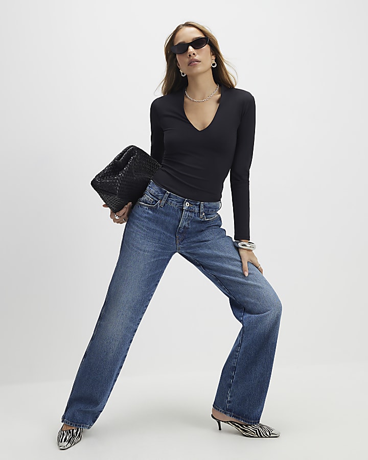 Black Plunge Neckline Long Sleeve Bodysuit