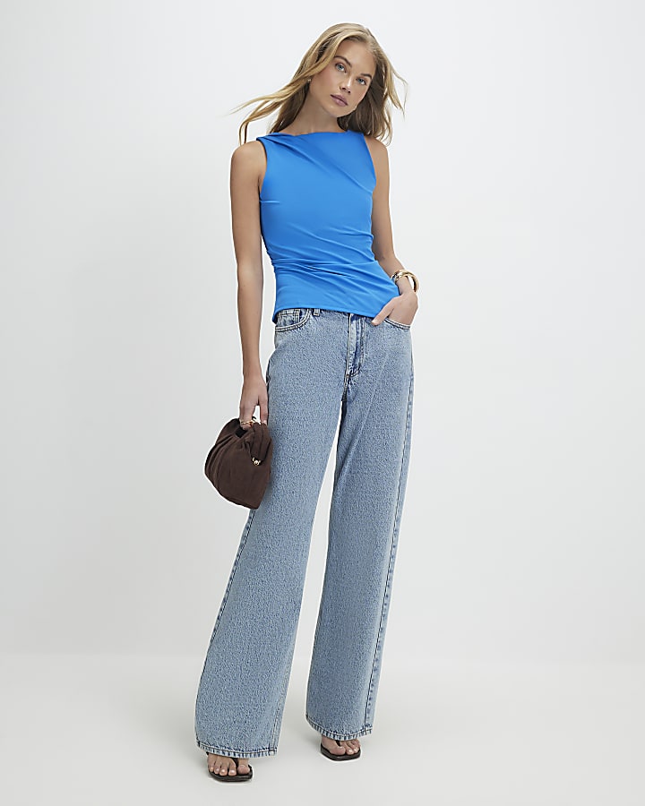 Blue Sleeveless Slash Neck Top