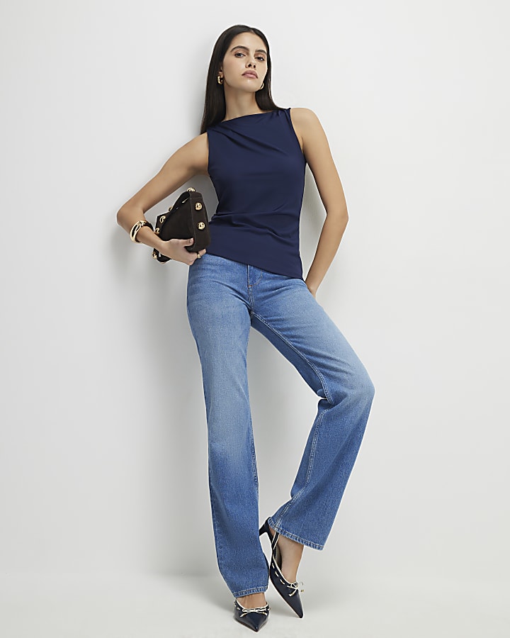 Navy Sleeveless Slash Neck Top