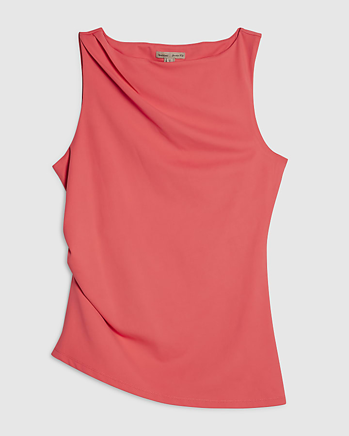 Pink Gathered Neck Sleeveless Top