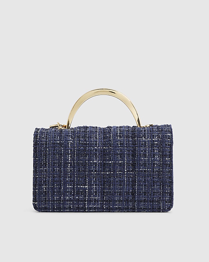 Blue Boucle Metal Handle Quilted Tote Bag