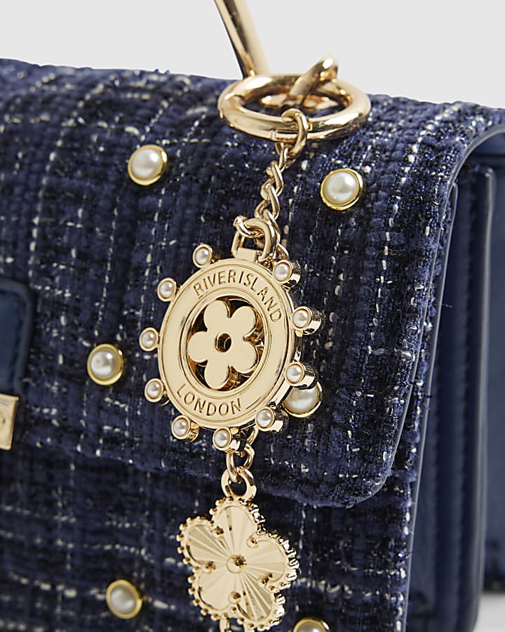 Blue Boucle Metal Handle Quilted Tote Bag