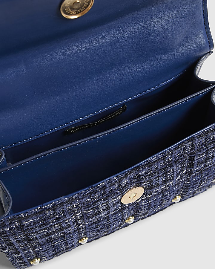 Blue Boucle Metal Handle Quilted Tote Bag