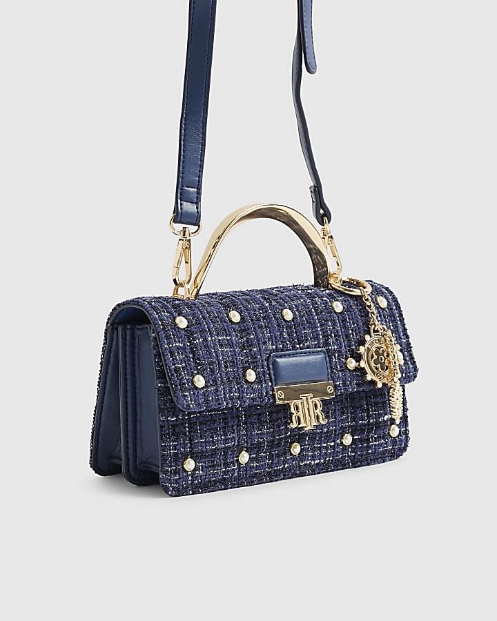 Blue Boucle Metal Handle Quilted Tote Bag