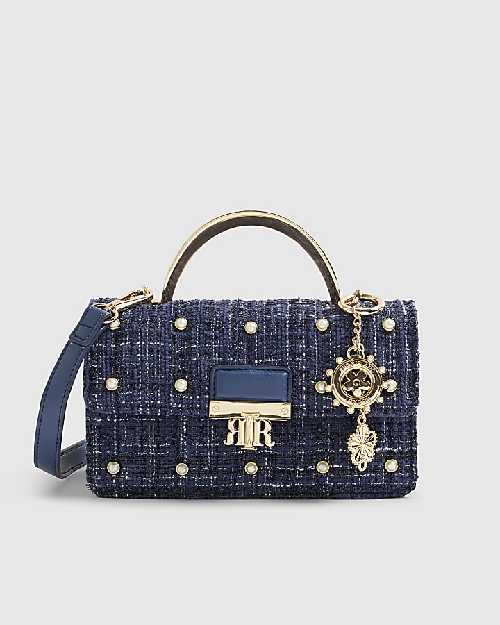 Blue Boucle Metal Handle Quilted Tote Bag