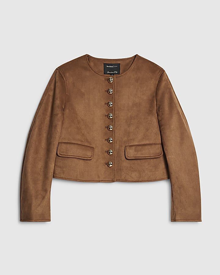 Brown Faux Suede Button Up Trophy Jacket