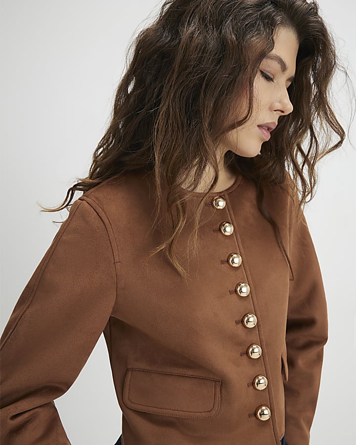 Brown Faux Suede Button Up Trophy Jacket