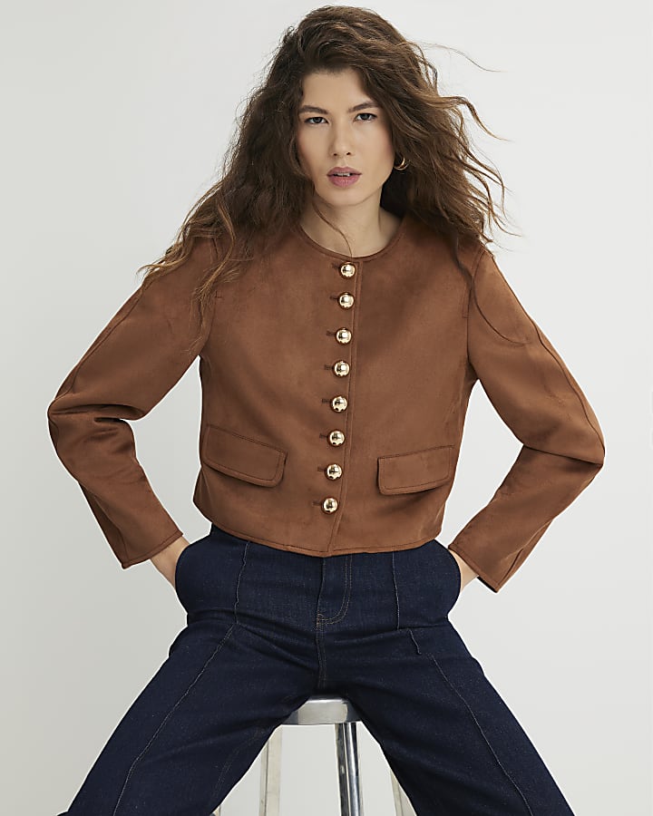 Brown Faux Suede Button Up Trophy Jacket