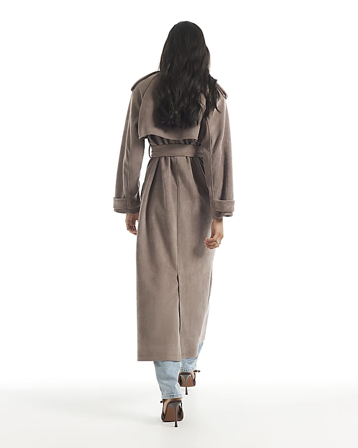 Brown Faux Suede Belted Trench Coat
