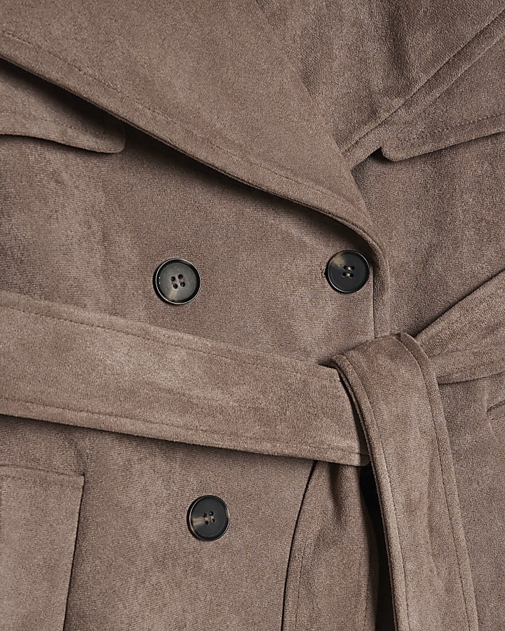 Brown Faux Suede Belted Trench Coat