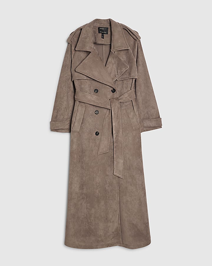 Brown Faux Suede Belted Trench Coat
