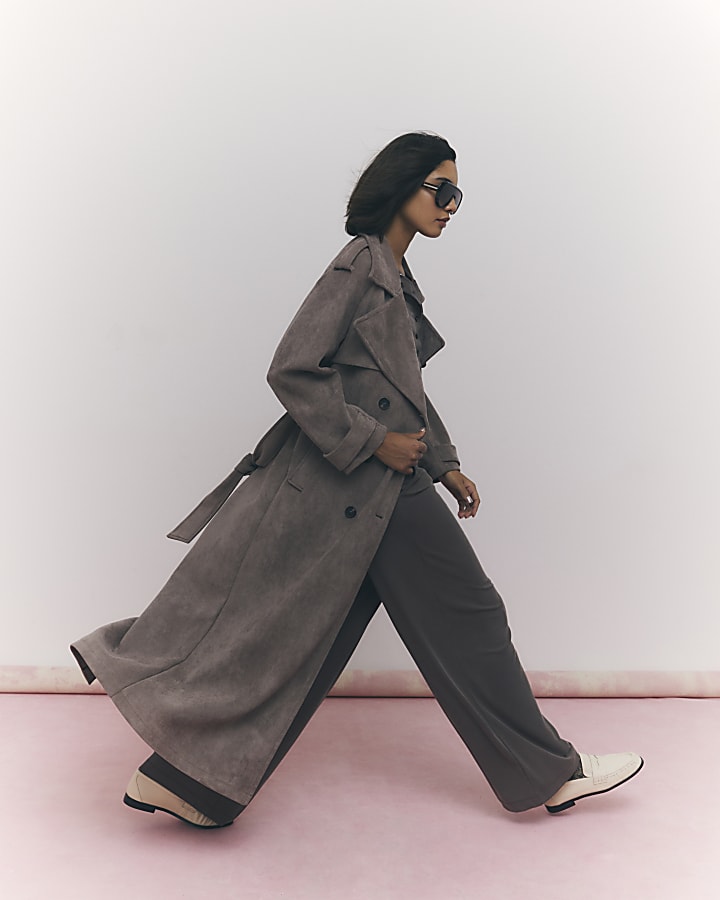 Brown Faux Suede Belted Trench Coat