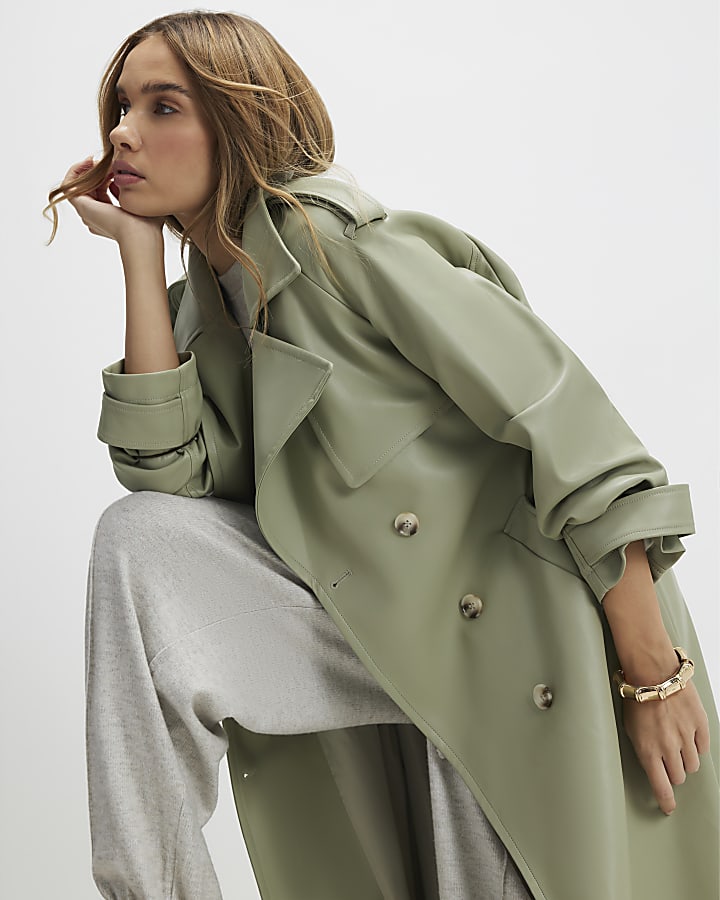 Green Faux Leather Belted Trench Coat