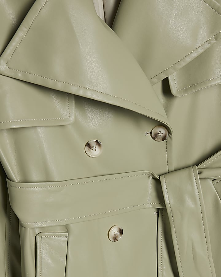 Green Faux Leather Belted Trench Coat