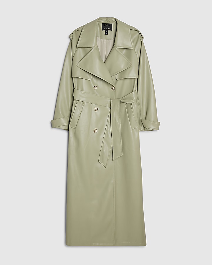 Green Faux Leather Belted Trench Coat