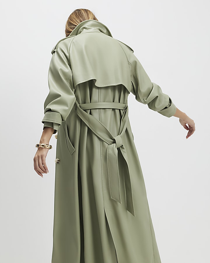 Green Faux Leather Belted Trench Coat