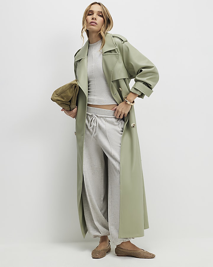 Green Faux Leather Belted Trench Coat