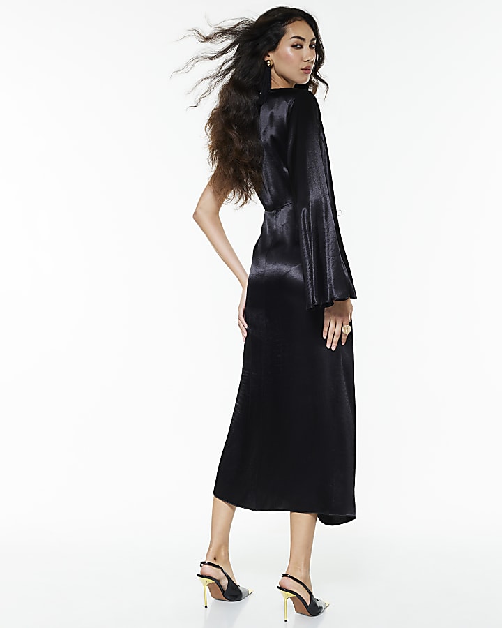 Black Satin One Sleeve Maxi Dress