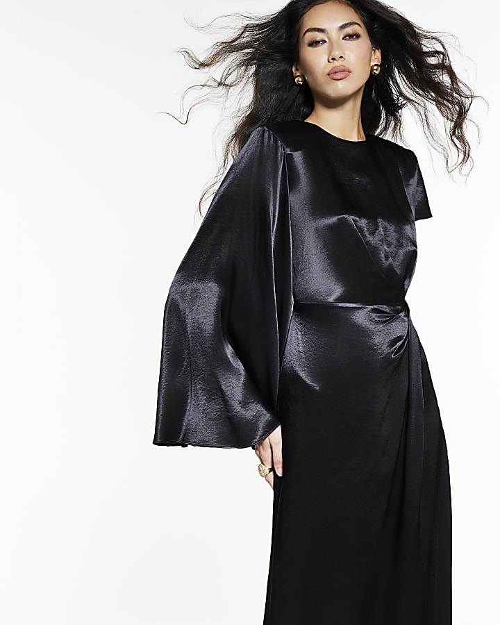 Black Satin One Sleeve Maxi Dress