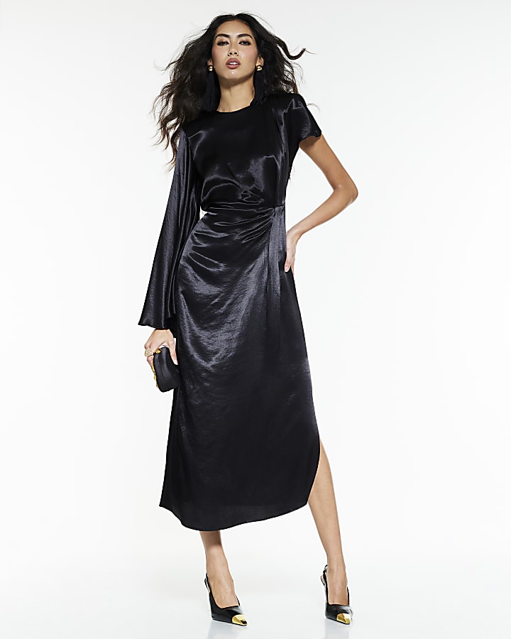 Black Satin One Sleeve Maxi Dress