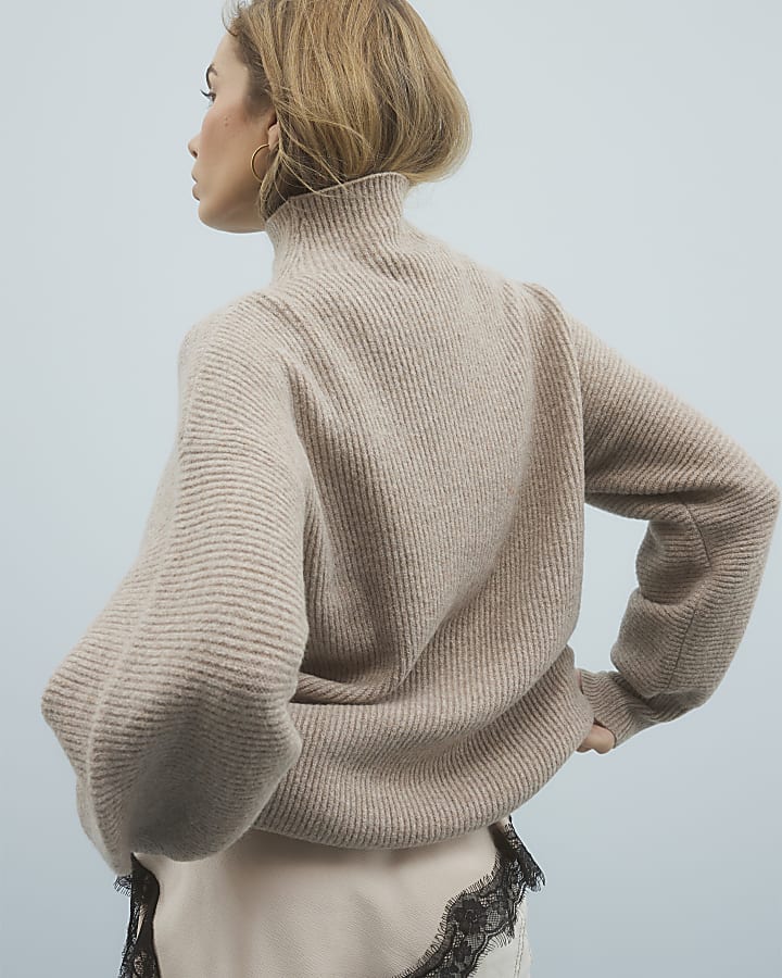 Beige Knitted Funnel Neck Jumper