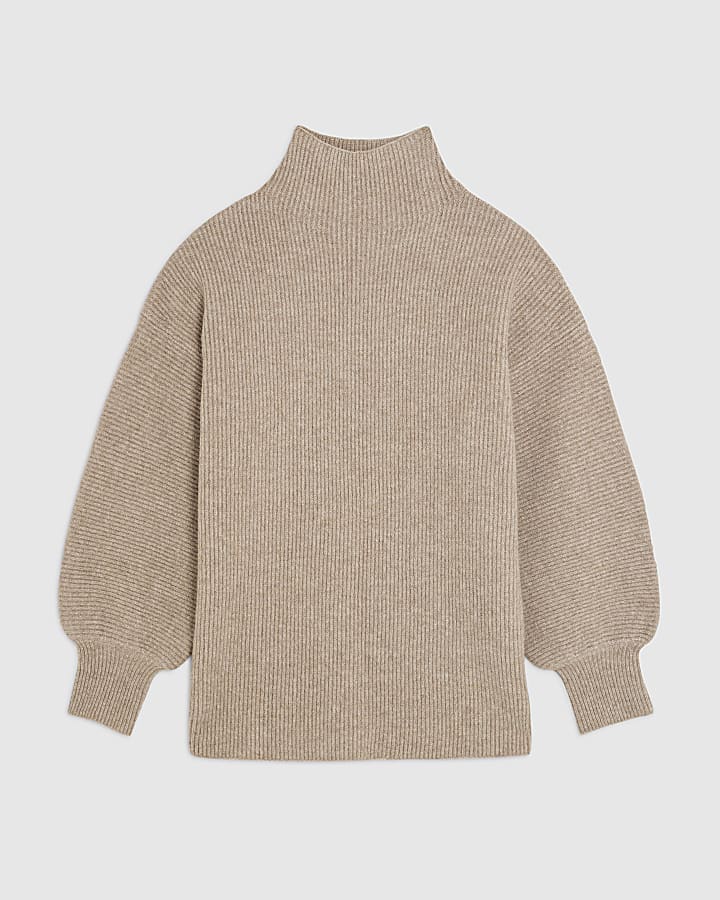 Beige Knitted Funnel Neck Jumper