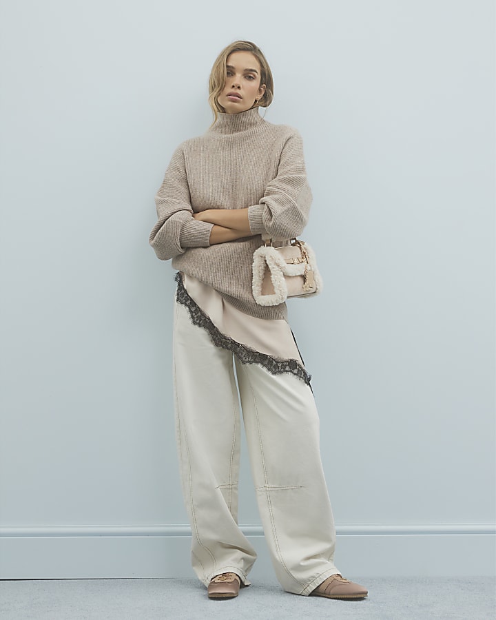 Beige Knitted Funnel Neck Jumper