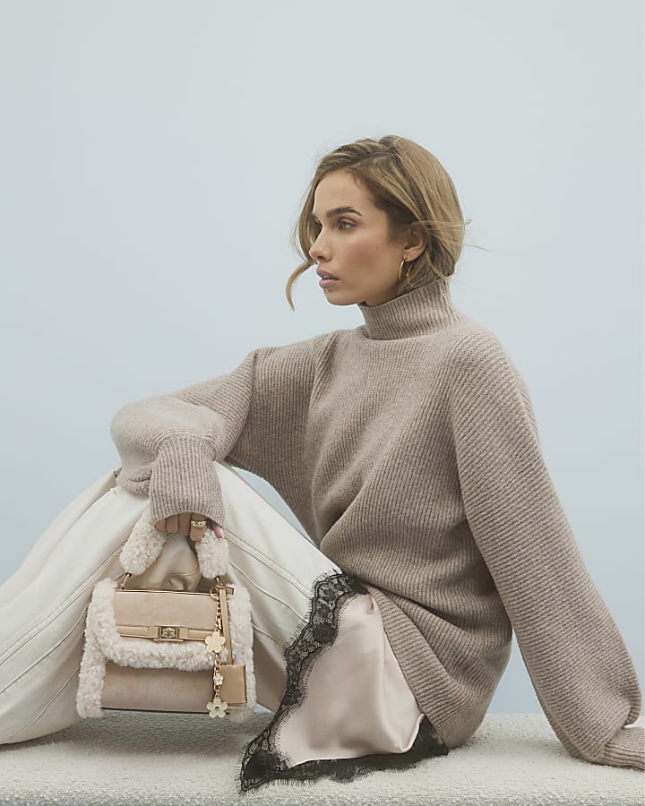 Beige Knitted Funnel Neck Jumper