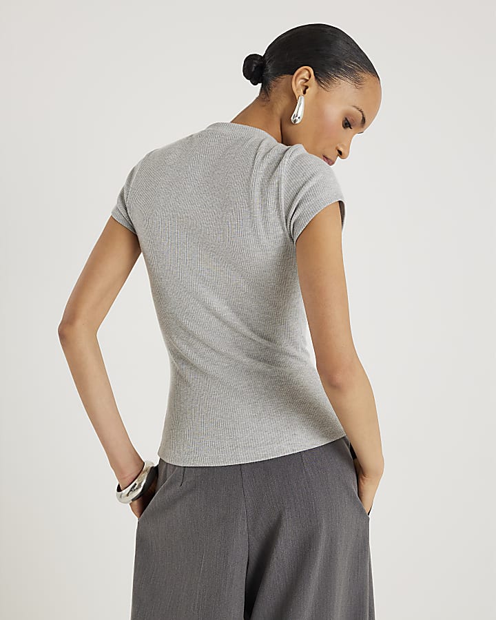 Grey Short Sleeve High V Neck Ribbed Top
