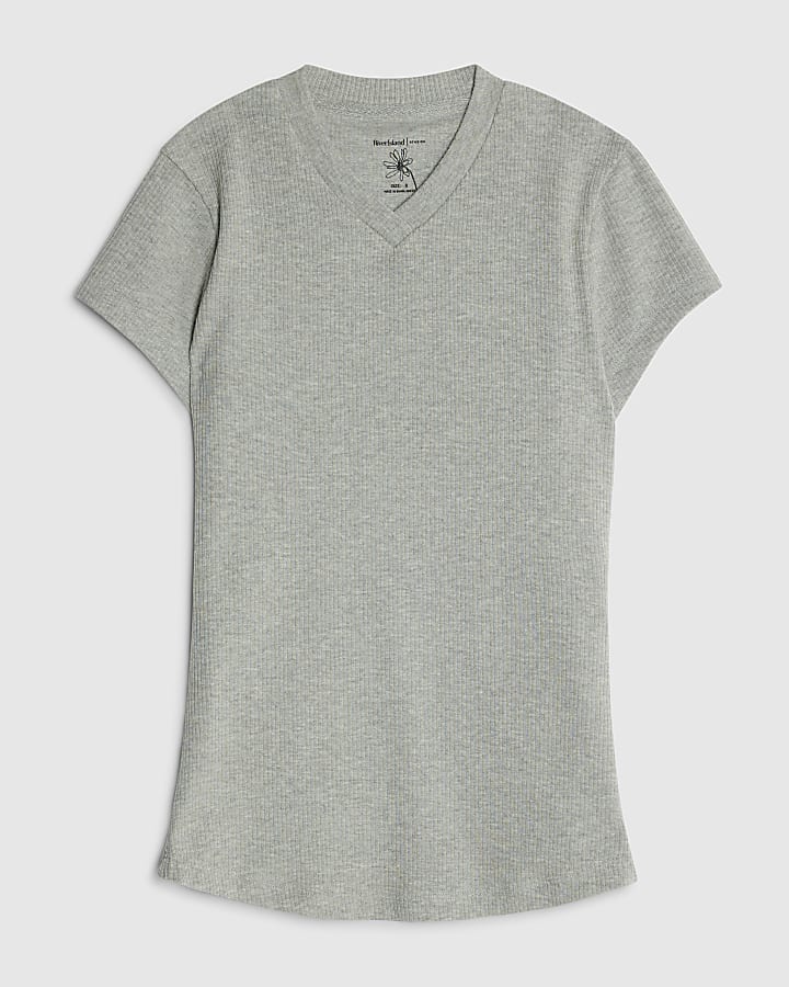 Grey Short Sleeve High V Neck Ribbed Top