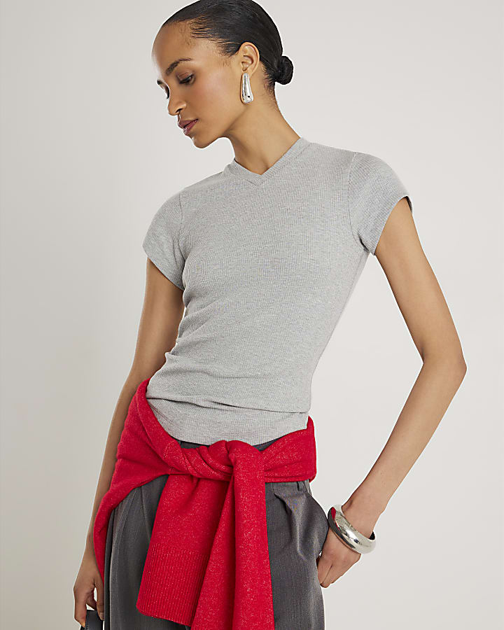 Grey Short Sleeve High V Neck Ribbed Top