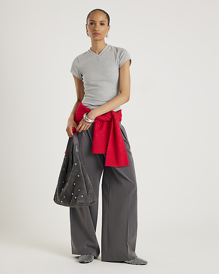 Grey Short Sleeve High V Neck Ribbed Top