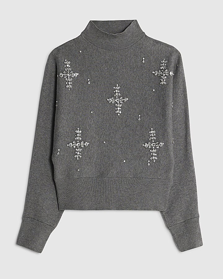 Grey Embellished Batwing Jumper