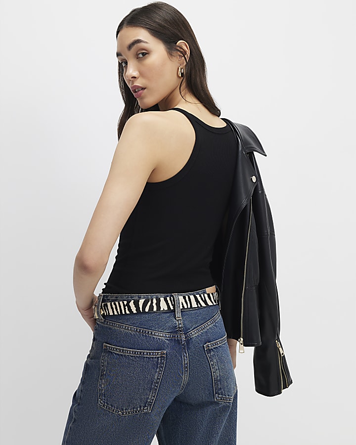 Black Ribbed Racer Front Tank Top