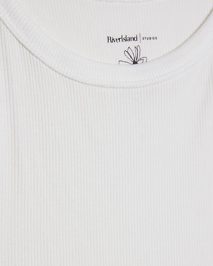 White Ribbed Racer Front Tank Top