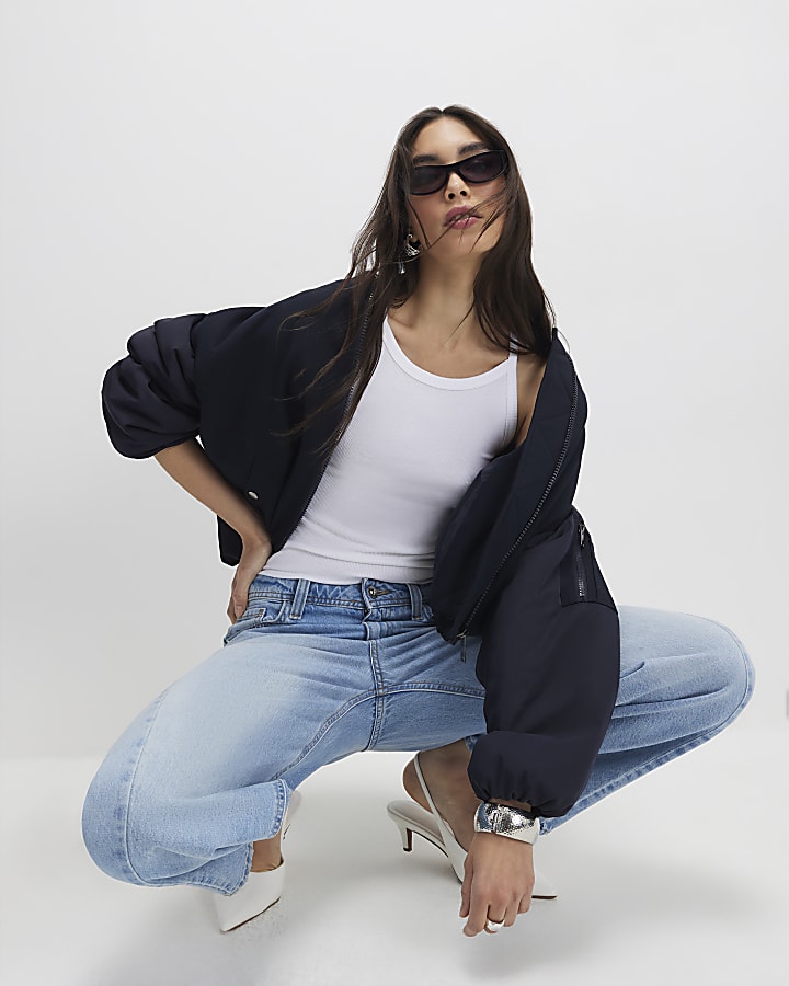 White Ribbed Racer Front Tank Top