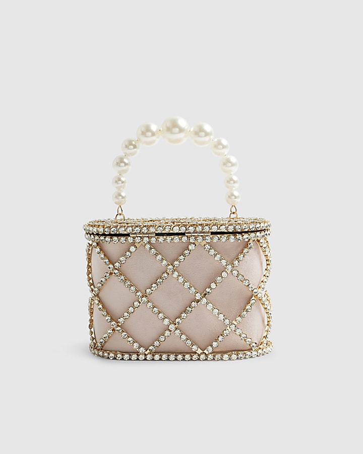 Gold Diamante Pearl Handle Basket Bag