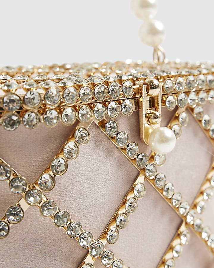 Gold Diamante Pearl Handle Basket Bag