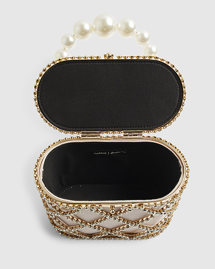 Gold Diamante Pearl Handle Basket Bag