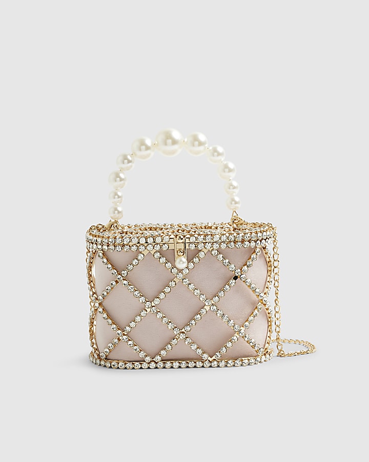 Gold Diamante Pearl Handle Basket Bag