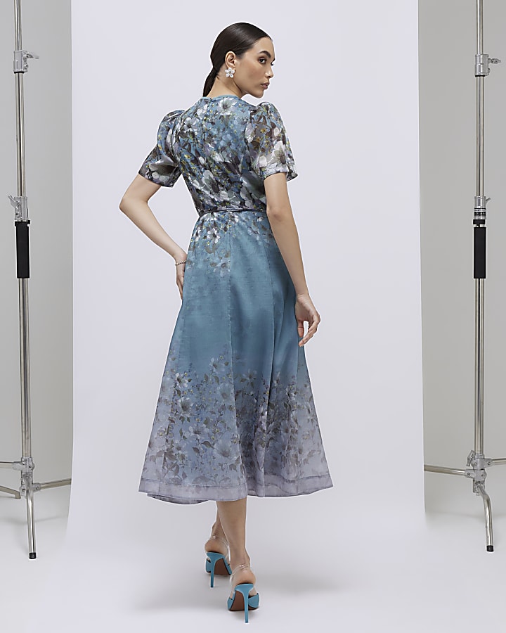 Blue Floral 3D Corsage Midi Dress