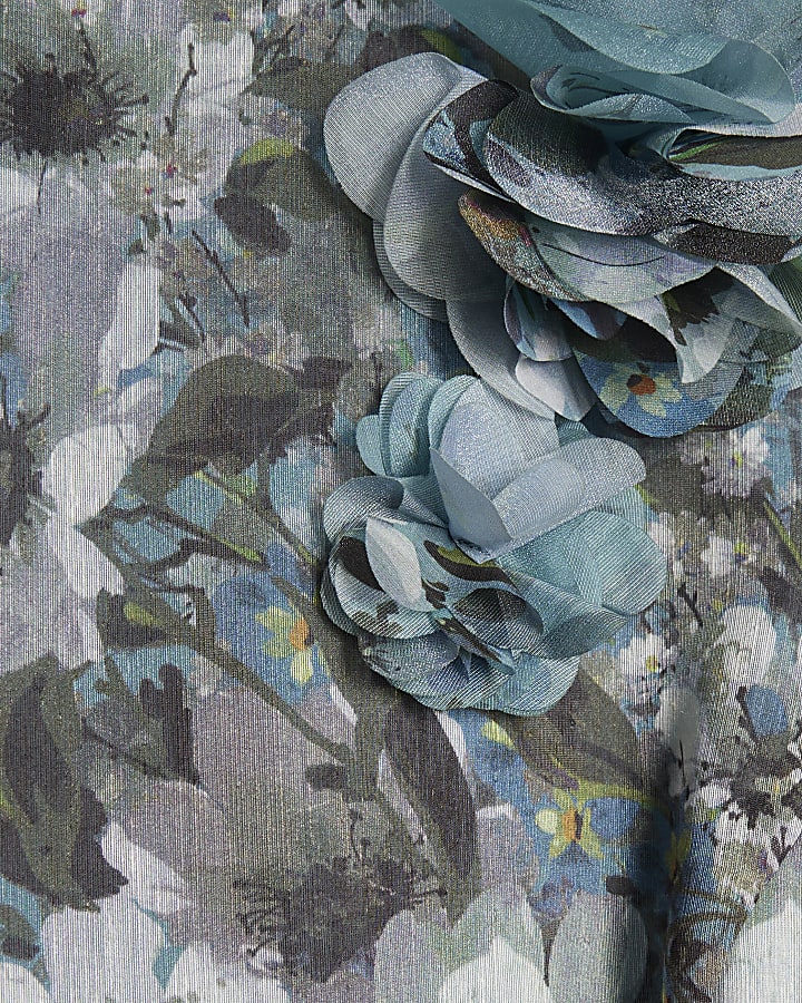 Blue Floral 3D Corsage Midi Dress