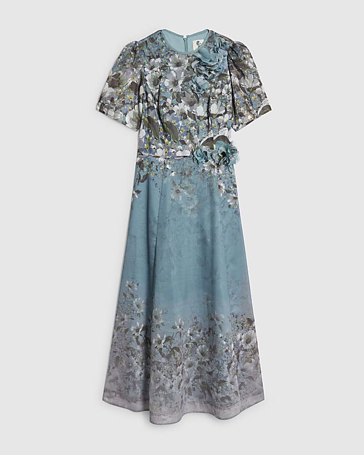 Blue Floral 3D Corsage Midi Dress