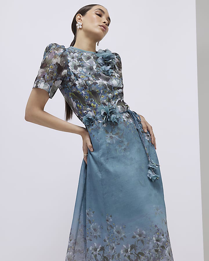 Blue Floral 3D Corsage Midi Dress