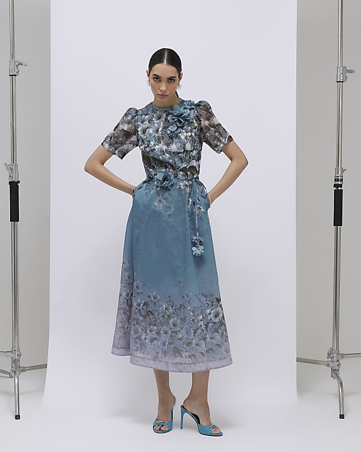 Blue Floral 3D Corsage Midi Dress