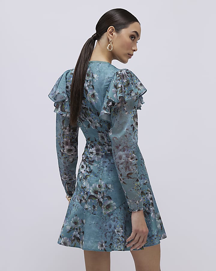 Blue Floral Ruffle Mini Dress