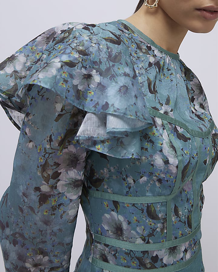 Blue Floral Ruffle Mini Dress