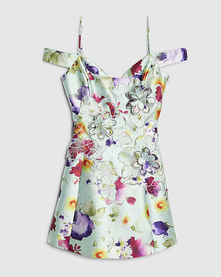 Green 3D Floral Beaded Mini Dress